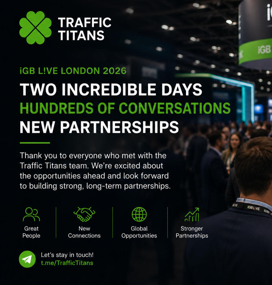 Affiliate World Europe 2026 Traffic Titans team attending iGB L!VE London 2026 with affiliates, webmasters, operators and media buyers networking across a busy exhibition floor. The conference highlights affiliate marketing, iGaming, traffic monetization, partnership development and